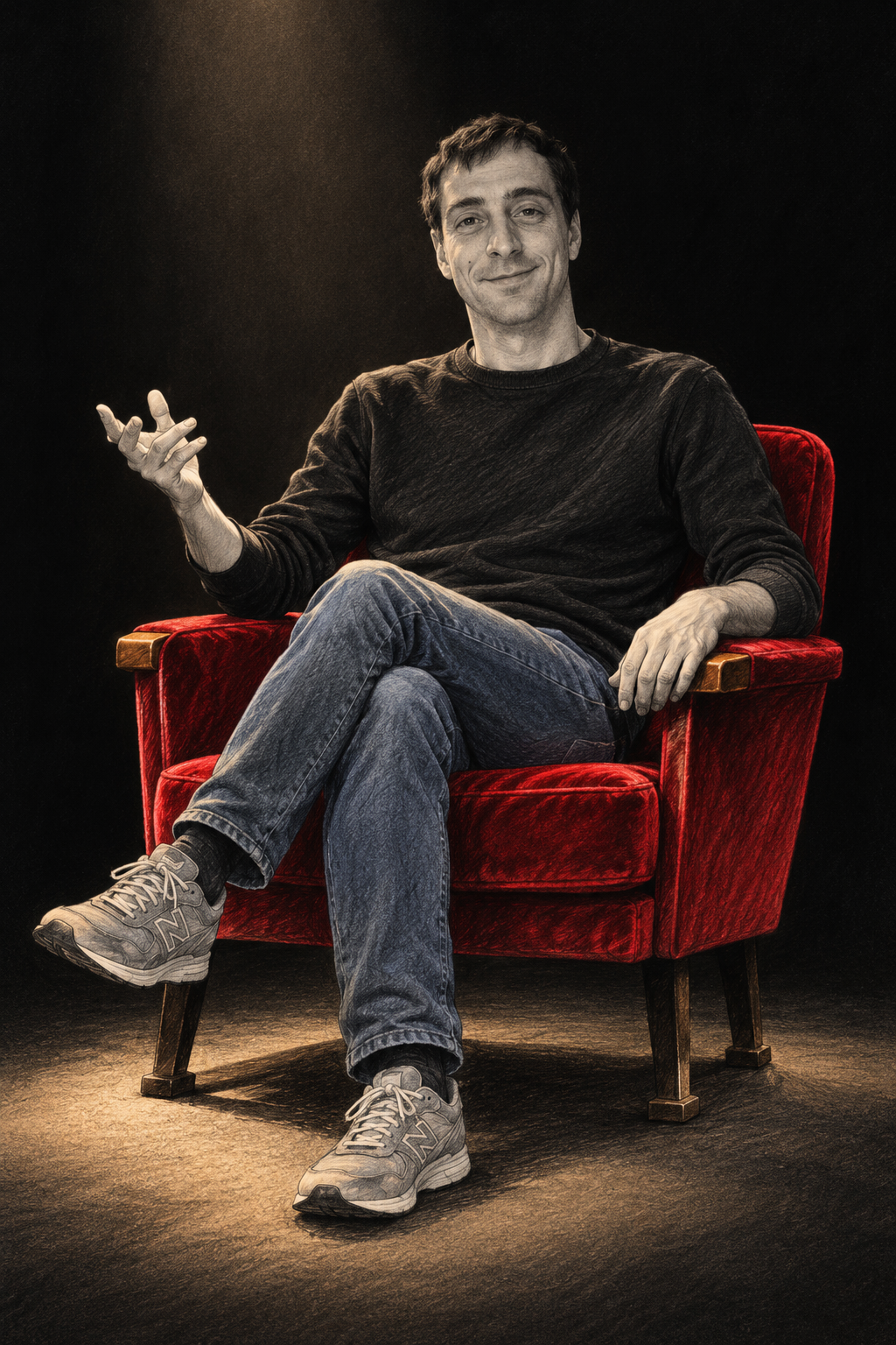 A drawn portrait of Andrew sitting in a red armchair, casually gesturing as if in conversation.